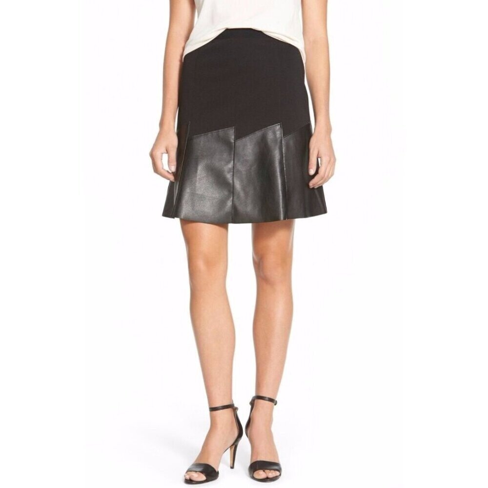 Elie Tahari Becky Paneled Mixed-Media Lamb Leather Skirt Size 4 S Black